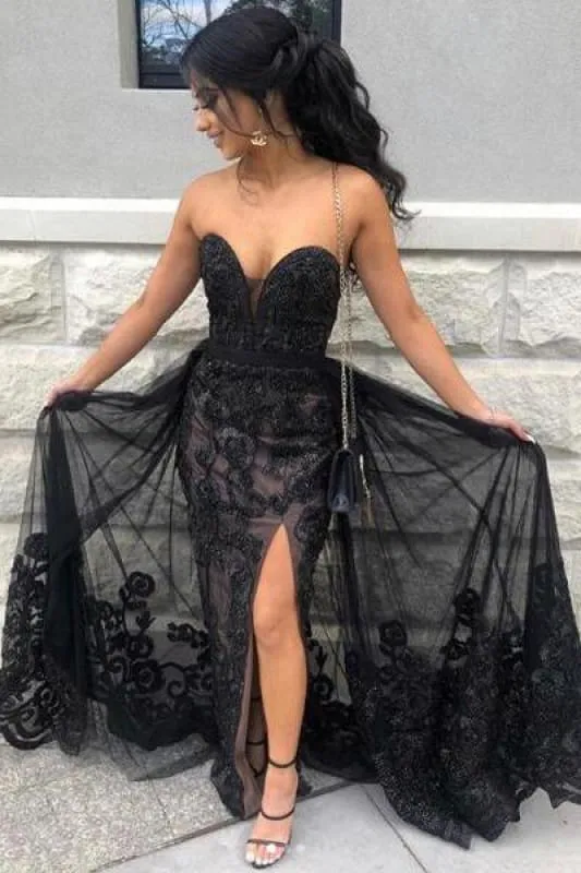 Excellent Excellent Excellent Black Sweetheart Tulle Prom with Lace Appliques Long Strapless Split Formal Dress