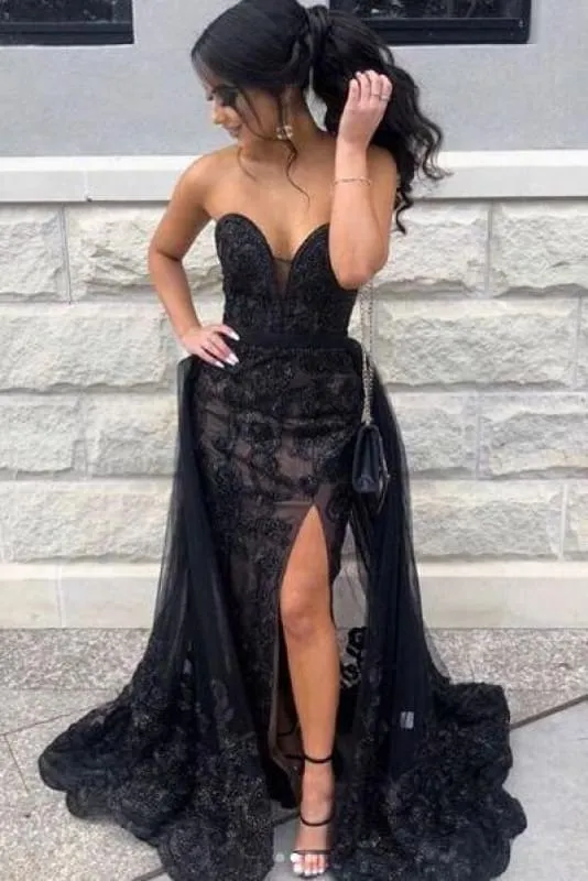 Excellent Excellent Excellent Black Sweetheart Tulle Prom with Lace Appliques Long Strapless Split Formal Dress