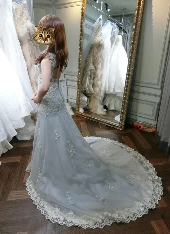 Light Gray Cap Sleeveless Lace Appliques Open Back Prom Dress with Beads