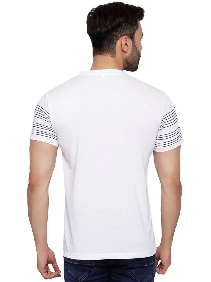 Men's White Cotton Blend Printed Round Neck Tees