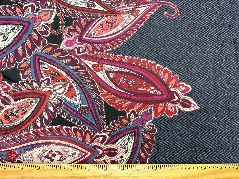 Navy Multi Herringbone Paisley Poly Border Print Chiffon Fabric