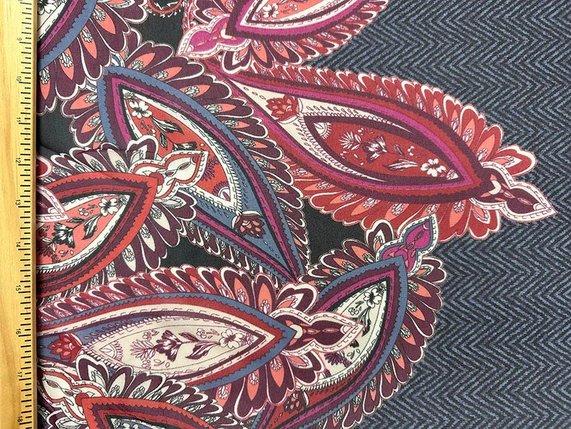 Navy Multi Herringbone Paisley Poly Border Print Chiffon Fabric