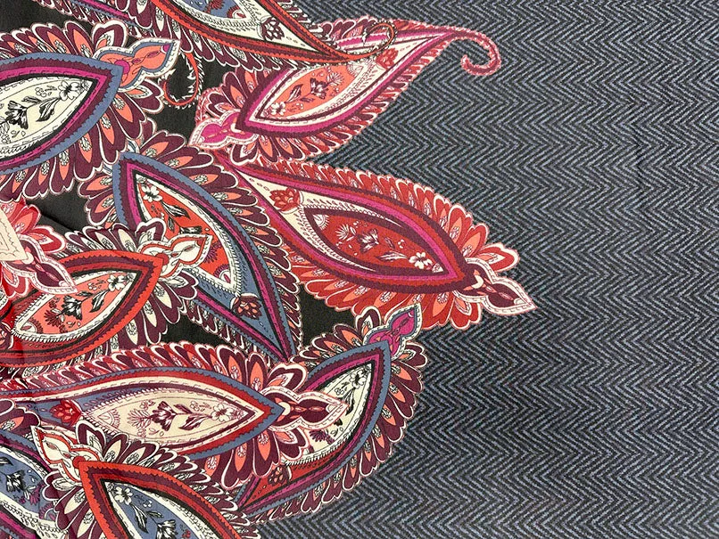 Navy Multi Herringbone Paisley Poly Border Print Chiffon Fabric