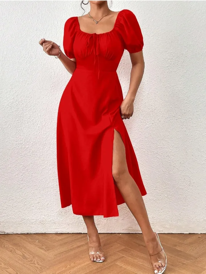 Raffinéa Puff Sleeve High Slit Maxi Outfit Dress for Women's & Girl's