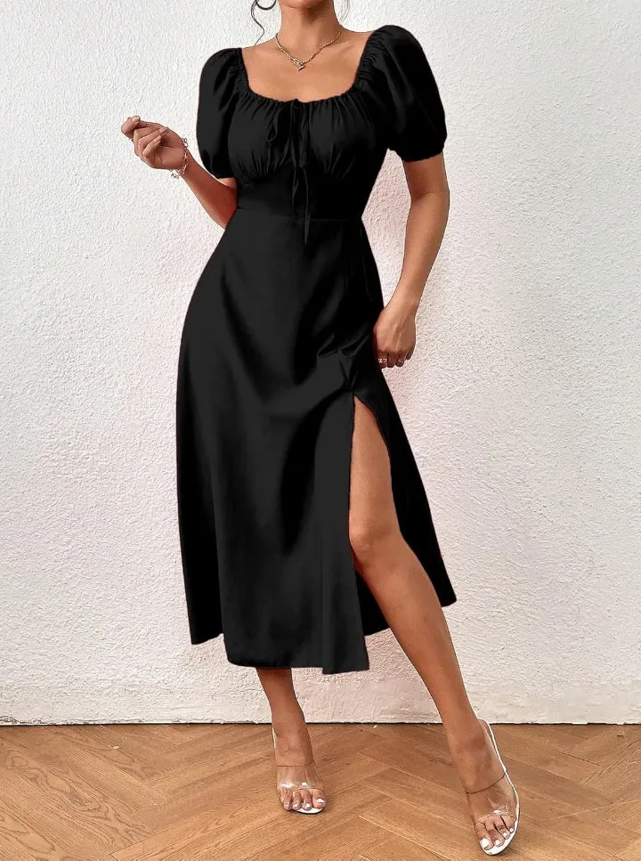 Raffinéa Puff Sleeve High Slit Maxi Outfit Dress for Women's & Girl's
