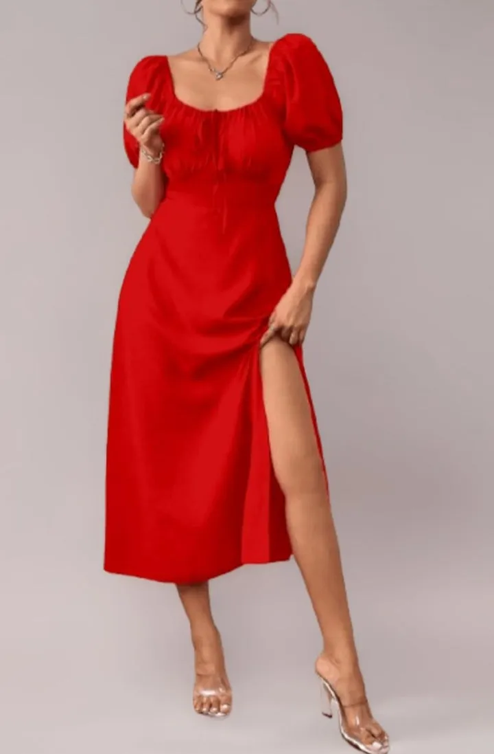 Raffinéa Puff Sleeve High Slit Maxi Outfit Dress for Women's & Girl's