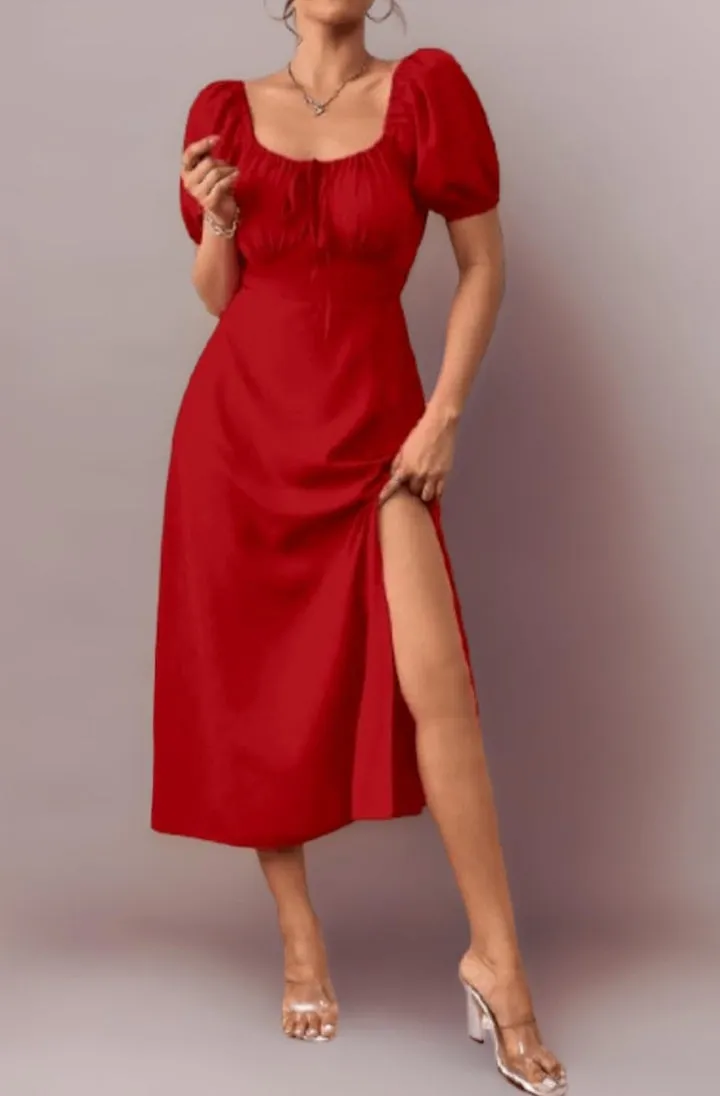 Raffinéa Puff Sleeve High Slit Maxi Outfit Dress for Women's & Girl's