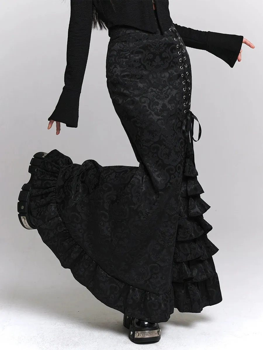 Side Flared Lace-Up Dark Skirt Waist Frilled