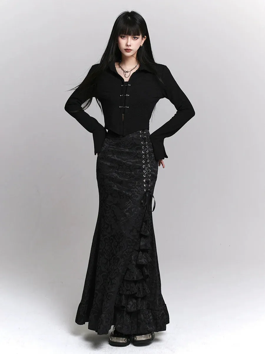 Side Flared Lace-Up Dark Skirt Waist Frilled