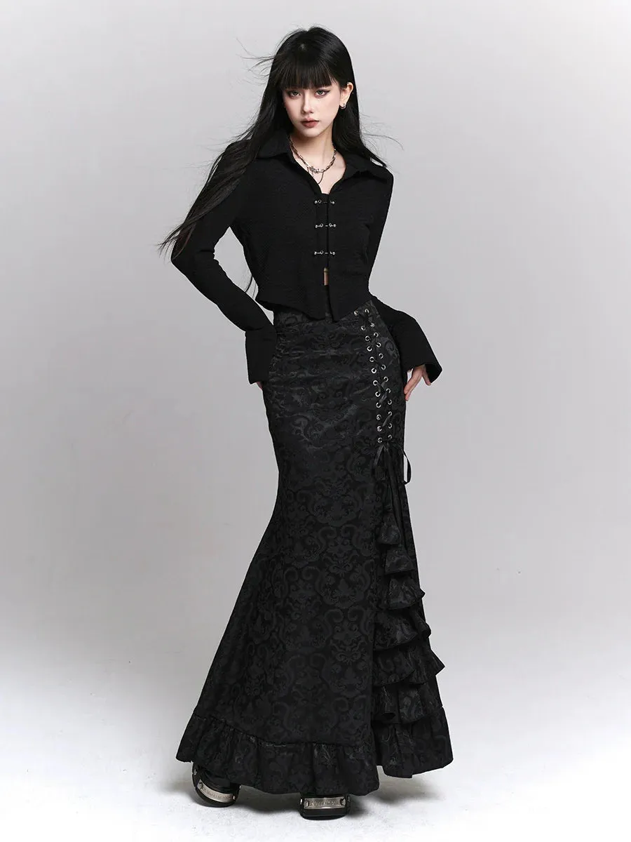 Side Flared Lace-Up Dark Skirt Waist Frilled