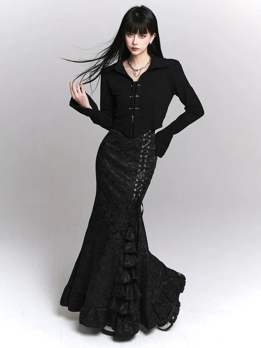 Side Flared Lace-Up Dark Skirt Waist Frilled
