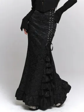 Side Flared Lace-Up Dark Skirt Waist Frilled