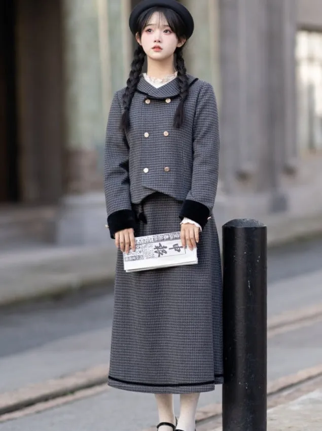 Skirt Check Flared Retro Ribbon Dark Double   Top