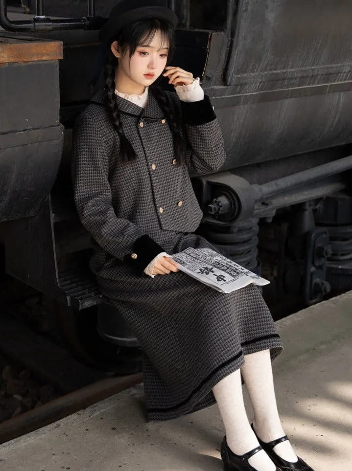 Skirt Check Flared Retro Ribbon Dark Double   Top