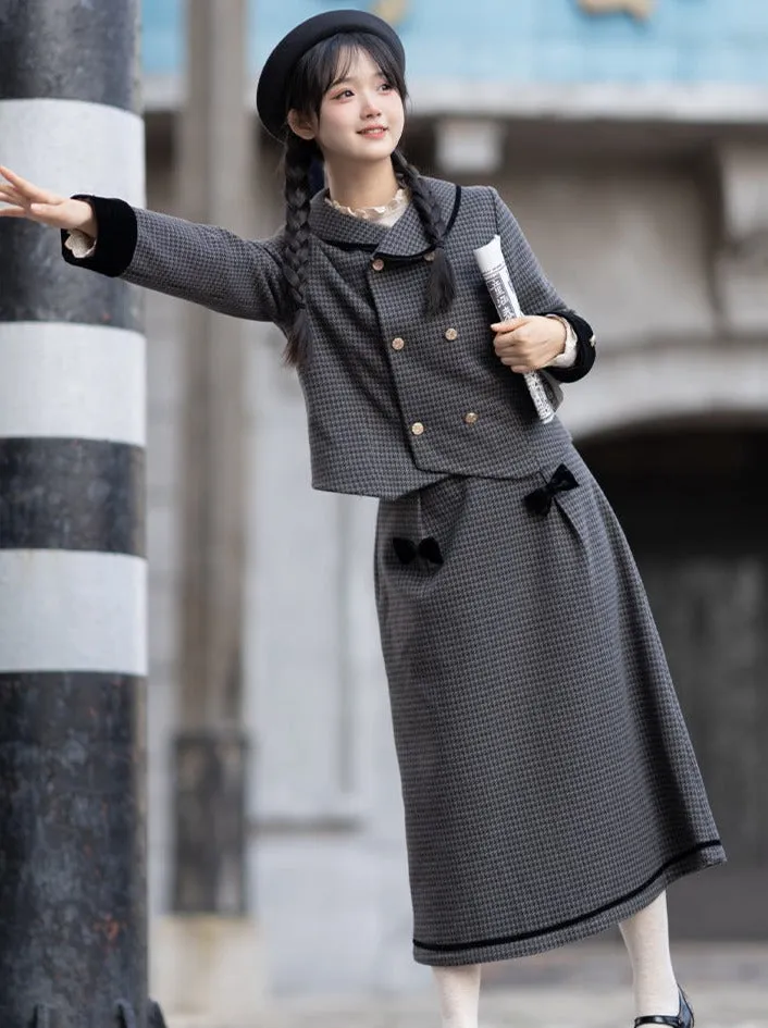 Skirt Check Flared Retro Ribbon Dark Double   Top