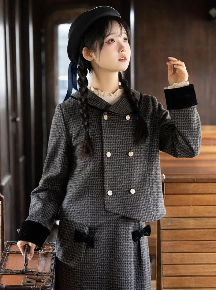 Skirt Check Flared Retro Ribbon Dark Double   Top