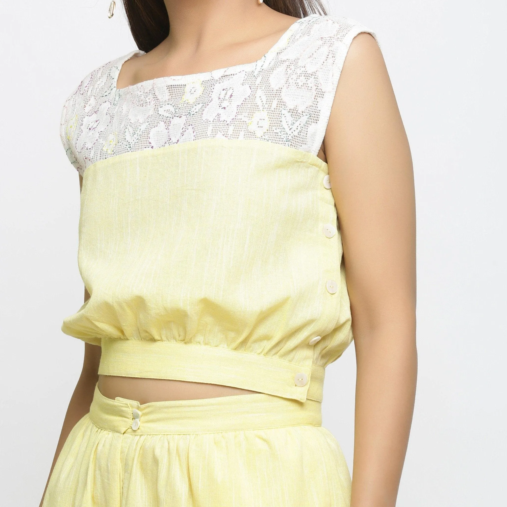 Sunny Yellow Cotton Lace Crop Top and Yellow Flared Culottes Co-ord Set