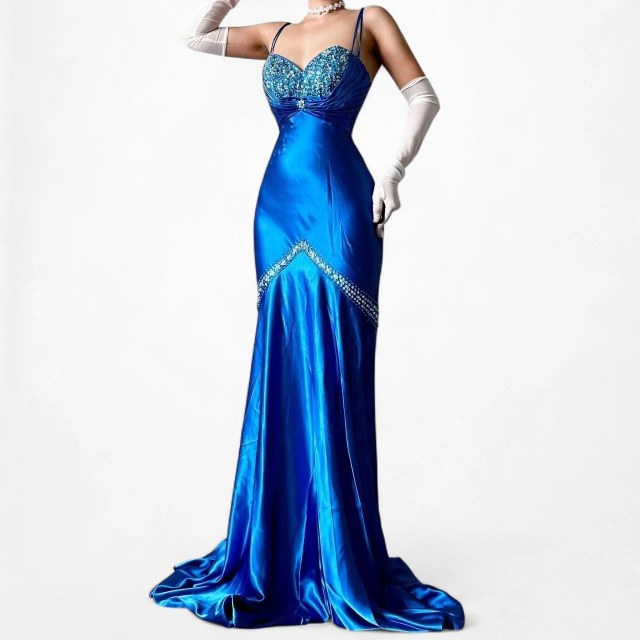 Vintage Blue Satin Fit Flared Beaded Maxi Prom Dress Size S/M